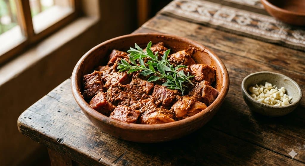 Carnes marinándose con chincho, huacatay y ají